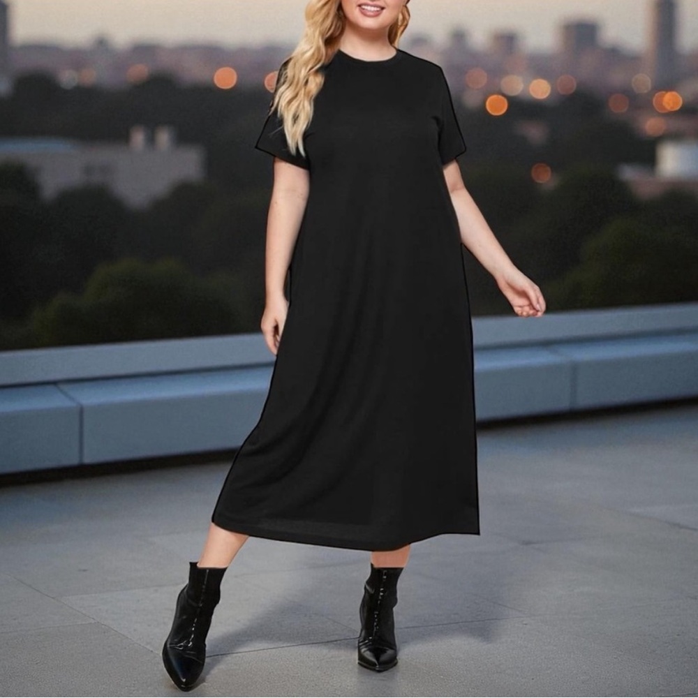 NEW• ZEN BOHEMIAN ALL BLACK MIDI COTTON COMFY DRESS• 1X